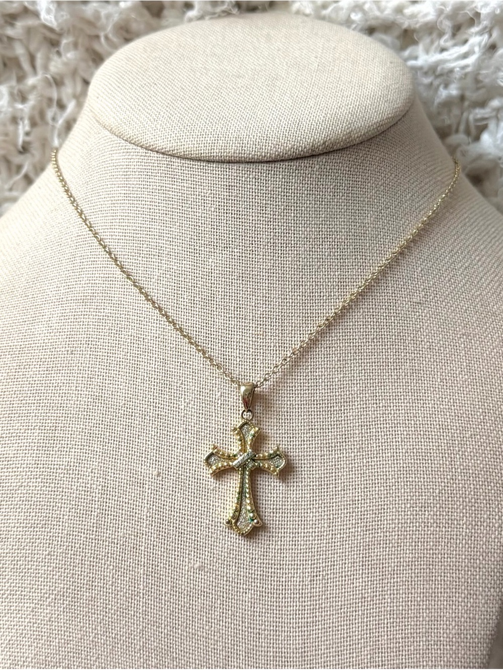 vintage gold cross necklace with small rhinestones